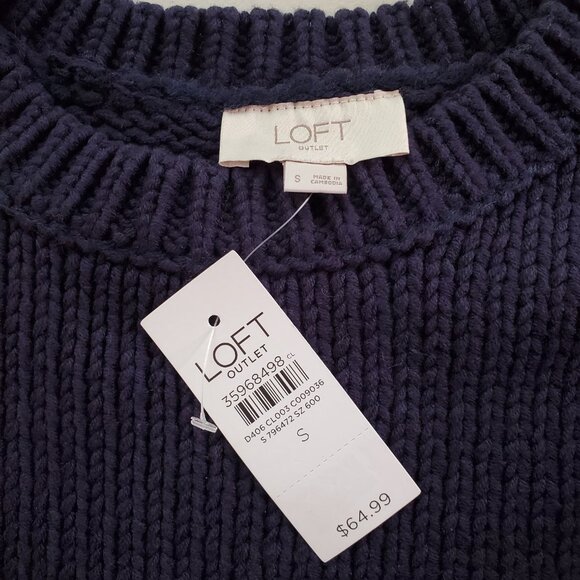 NWT LOFT SZ S Navy Blue Textured Chunky Knit Pullover Crew Neck Sweater - Picture 5 of 7